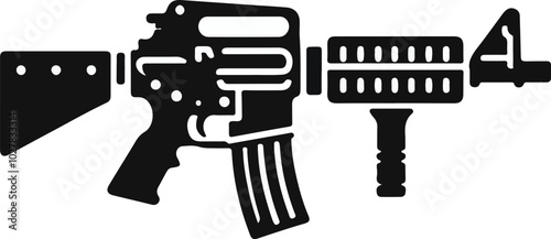 Graphic black detailed silhouette pistols, guns, rifles, submachines, revolvers and shotguns. Isolated on white background