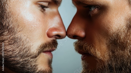 A close-up image showing two bearded men gazing intensely at each other, their faces almost touching, highlighting facial expressions and emotions of the moment.