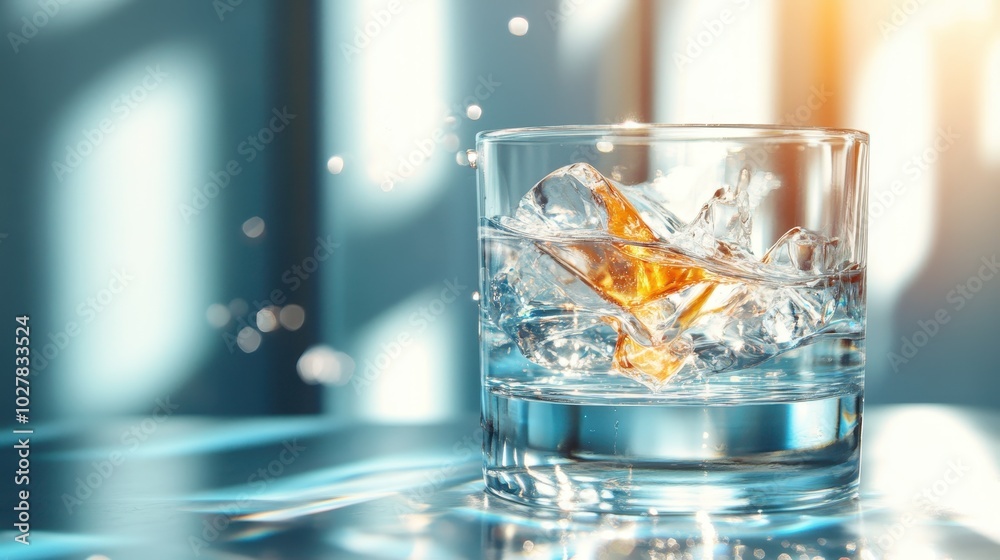 A refreshing glass of whiskey filled with transparent ice cubes sits on a table, capturing the moment of a splash under soft, diffused lighting in a serene atmosphere. A refreshing glass of whiskey filled with transparent ice cubes sits on a table, capturing the moment of a splash under soft, diffused lighting in a serene atmosphere.