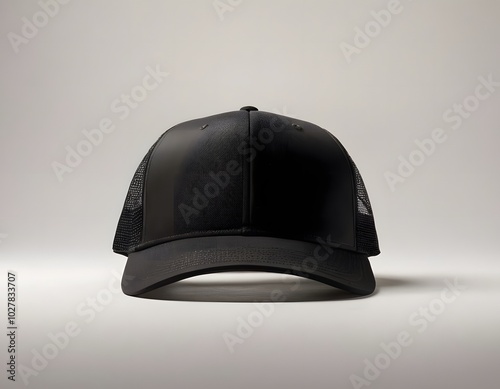 Blank trucker hat mockup isolated on a dark white greyish background front view