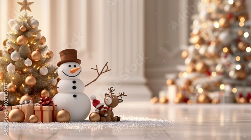 Festive snowman with gifts and Christmas tree. photo