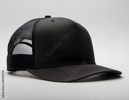Black trucker hat mockup side view isolated on greyish background 