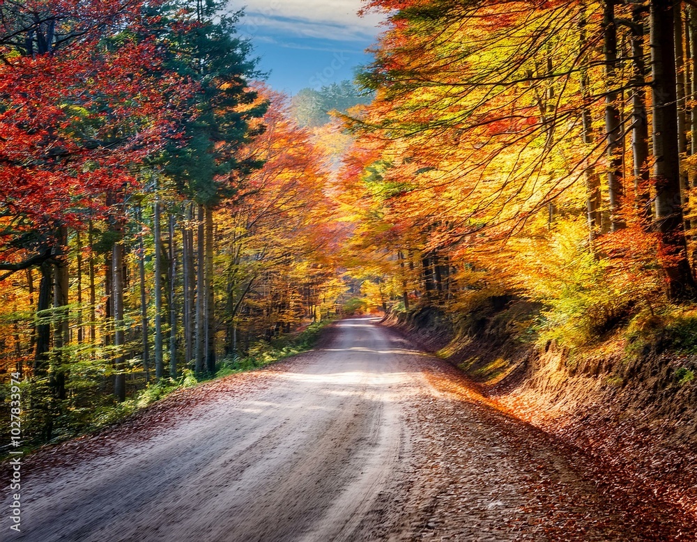 colorful trees and rural road in deep autumn forest natural background colorful trees and rural road in deep autumn forest natural background