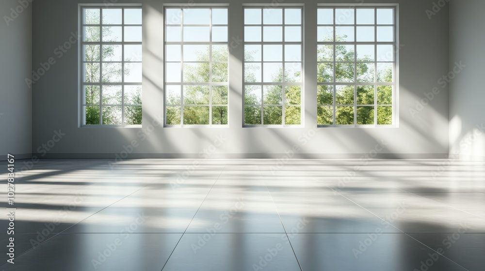 Spacious room featuring floor-to-ceiling windows that allow abundant natural light, offering a scenic view outside and casting intricate patterns on the floor.