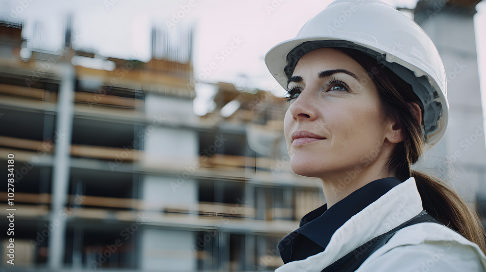 A female project manager leading a construction site visit wearing a hard hat and confidently explaining the projects progress to her team. A female project manager leading a construction site visit wearing a hard hat and confidently explaining the projects progress to her team.