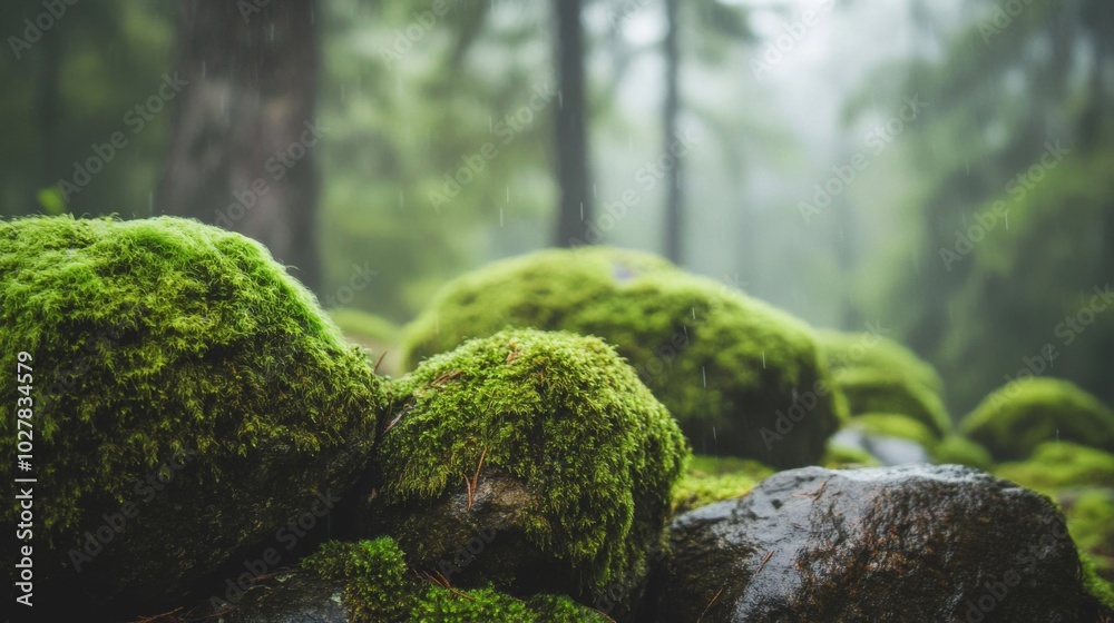 Lush Green Moss Covered Rocks In A Rainy Forest Lush Green Moss Covered Rocks In A Rainy Forest