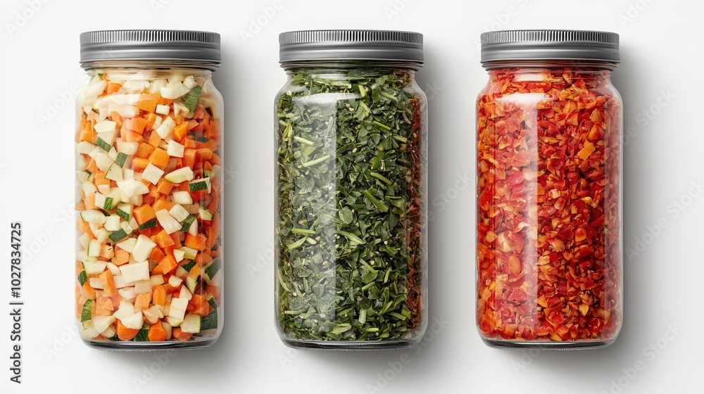 Three jars filled with colorful dried vegetables and spices on a white background. Three jars filled with colorful dried vegetables and spices on a white background.
