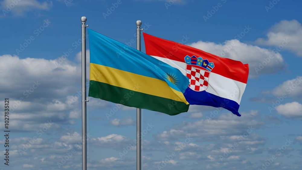Croatia and Rwanda flags flying together, video concept of the relationship, two country cooperation concept Croatia and Rwanda flags flying together, video concept of the relationship, two country cooperation concept