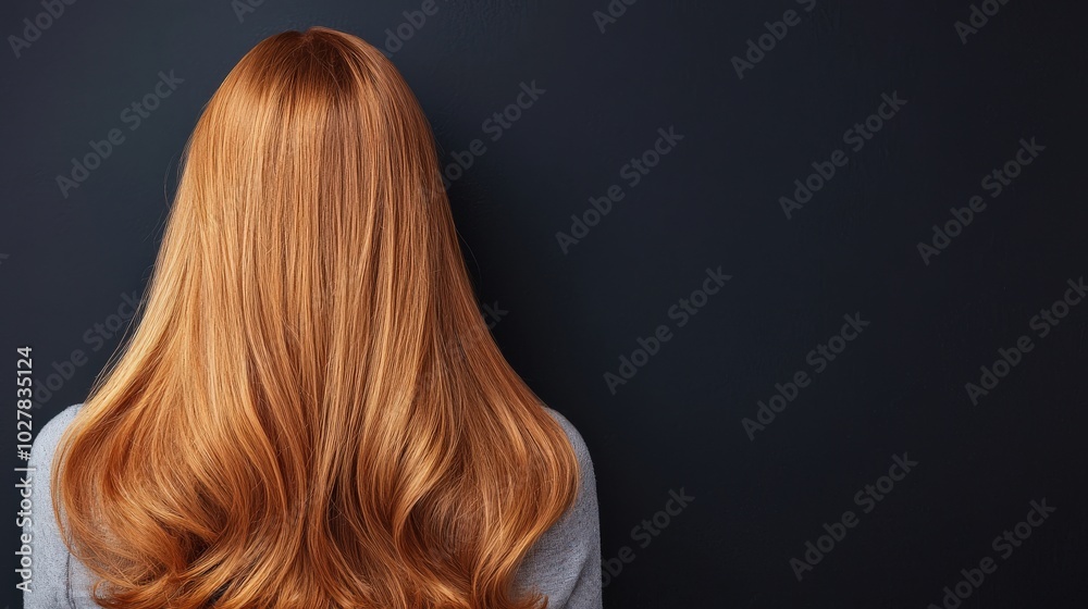 Fototapeta premium Woman with long, wavy red hair against a dark background.