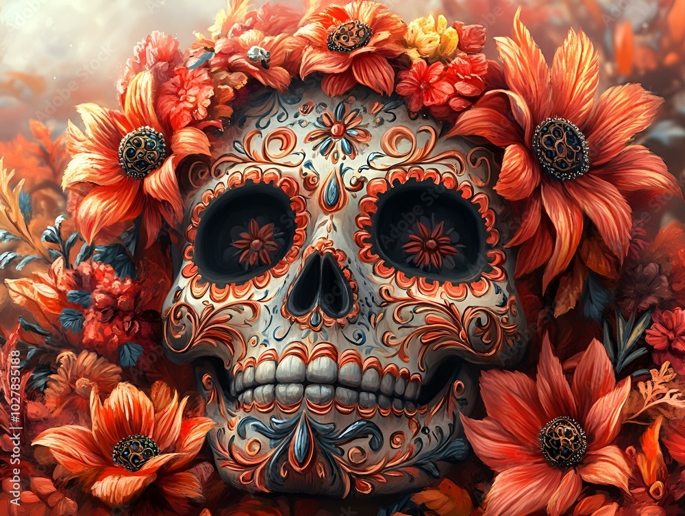 Fototapeta premium Skull Adorned with Beautiful Flowers. 