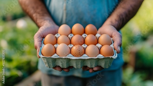 Close-up of hands holding a carton of organic eggs with a farm background photo