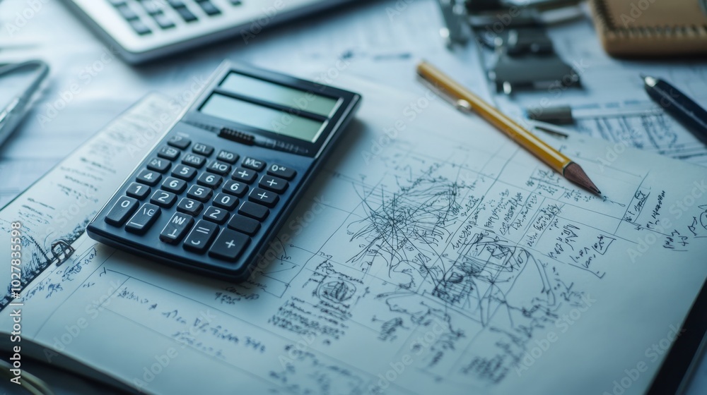 Close-up of mathematical formulas and engineering diagrams on a notebook with a calculator and drafting tools Close-up of mathematical formulas and engineering diagrams on a notebook with a calculator and drafting tools