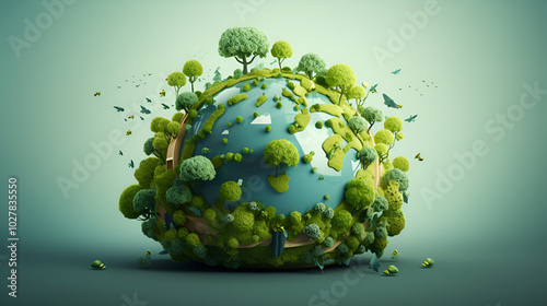 A Serene View of a Green Planet Covered in Grass and Plants with Blurred Green Backdrop