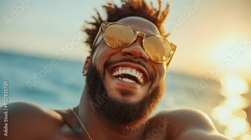 Smiling man wearing sunglasses enjoys sunlit beach vibes with the sea in the background, evoking a sense of summer relaxation and joyful serenity on a sunny day. photo