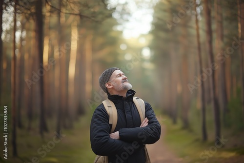 A man wearing a black jacket and hat is standing in a forest. He is smiling and looking up at the sky