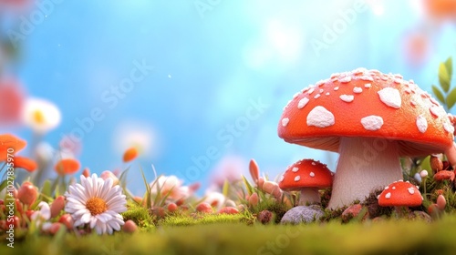 Wallpaper Mural In a peaceful forest clearing, vibrant red mushrooms with white spots stand amidst blooming wildflowers, creating a serene and enchanting atmosphere under clear blue skies Torontodigital.ca