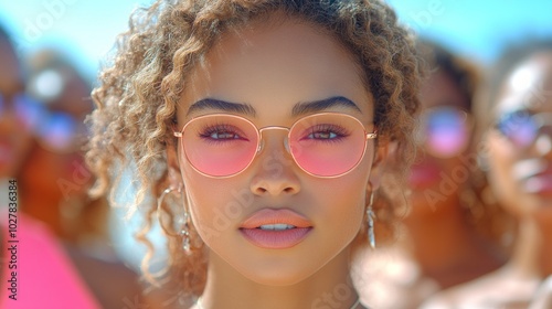 A confident woman stands out among a group of friends at the beach, wearing stylish pink sunglasses, smiling, and enjoying the sun while surrounded by vibrant summer energy