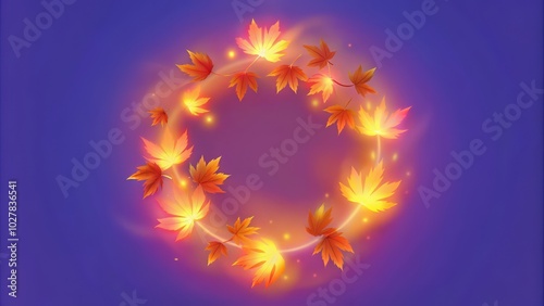 Glowing Autumn Leaves in a Circular Arrangement on a Purple Background photo