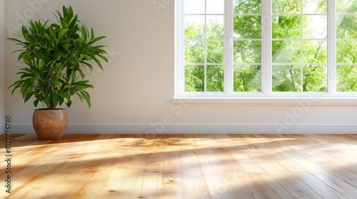 A well-lit indoor space features expansive windows that bring in natural light and offer a view of vibrant greenery. A potted plant enhances the warmth of the wooden flooring