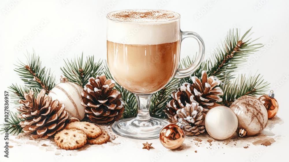 Watercolor image of a cup of coffee with whipped cream with cookies and Christmas decorations Watercolor image of a cup of coffee with whipped cream with cookies and Christmas decorations