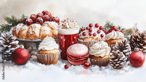 Festive watercolor background with Christmas pastries and desserts decorated with fir branches, cones and Christmas ornaments