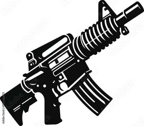 Graphic black detailed silhouette pistols, guns, rifles, submachines, revolvers and shotguns. Isolated on white background
