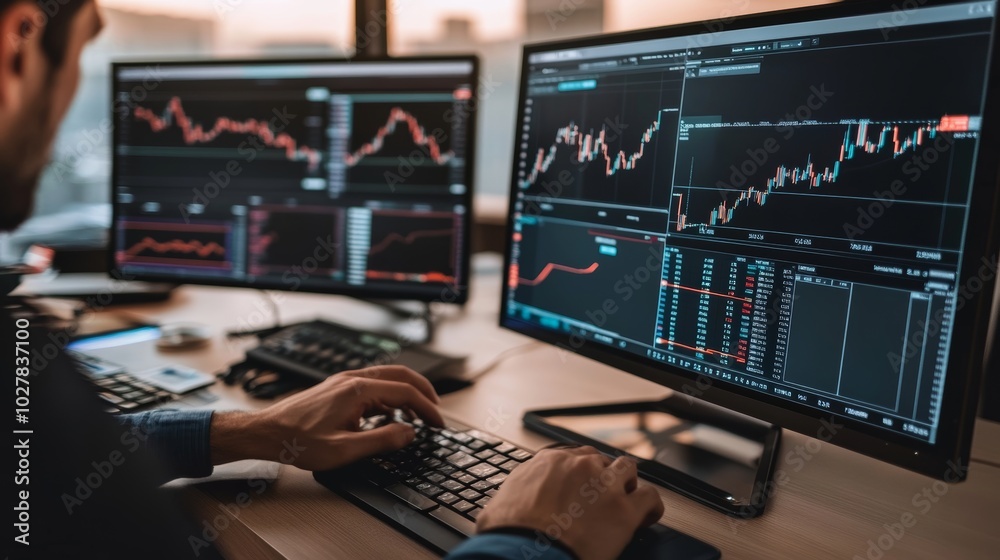 Data Analyst Scrutinizing Complex Financial Data on Multiple Monitors Data Analyst Scrutinizing Complex Financial Data on Multiple Monitors