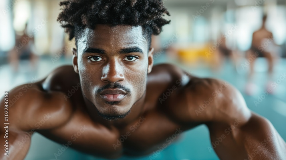 A muscular man with an intense gaze stretches forward in a gym setting. His focus and determination are evident, highlighting a commitment to fitness.