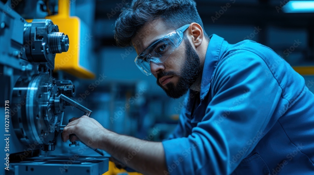 Skilled machinist working with metal parts on a lathe, representing the blend of traditional craftsmanship and modern machinery in industrial work Skilled machinist working with metal parts on a lathe, representing the blend of traditional craftsmanship and modern machinery in industrial work