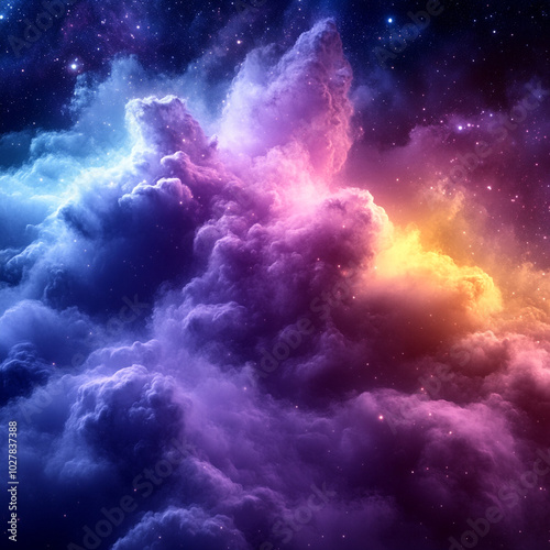 Vibrant digital abstract shapes create stunning cosmic scene filled with colorful clouds and starry background, evoking sense of wonder and imagination