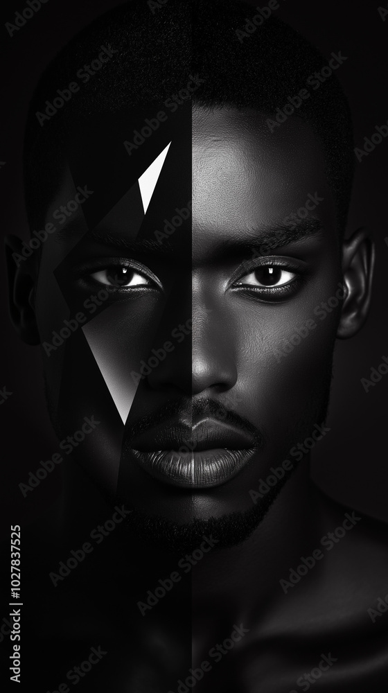 An abstract black african man's face made of geometric shades with one side composed of a darker shade the other side lighter shade. The face is whole and looks directly at the camera, with intense ey An abstract black african man's face made of geometric shades with one side composed of a darker shade the other side lighter shade. The face is whole and looks directly at the camera, with intense ey