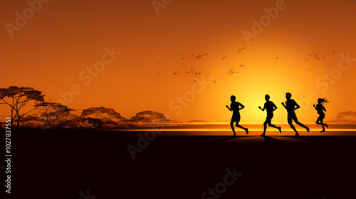 Group of Runners in Silhouette at Sunset for Fitness Inspiration