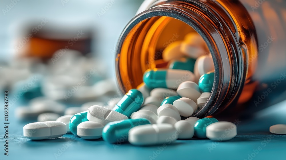 Capsules and pills spilling from a brown bottle onto a table, with an emphasis on modern medicine, prescriptions, and pharmaceutical solutions. Capsules and pills spilling from a brown bottle onto a table, with an emphasis on modern medicine, prescriptions, and pharmaceutical solutions.