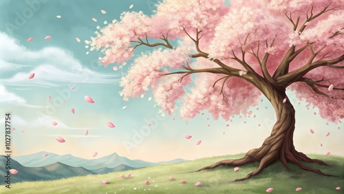 Pink Cherry Blossom Tree in a Tranquil Landscape with Falling Petals