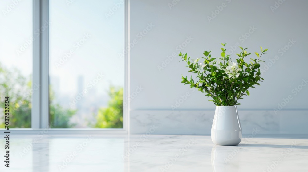 Lush plant in a modern vase on a countertop Lush plant in a modern vase on a countertop