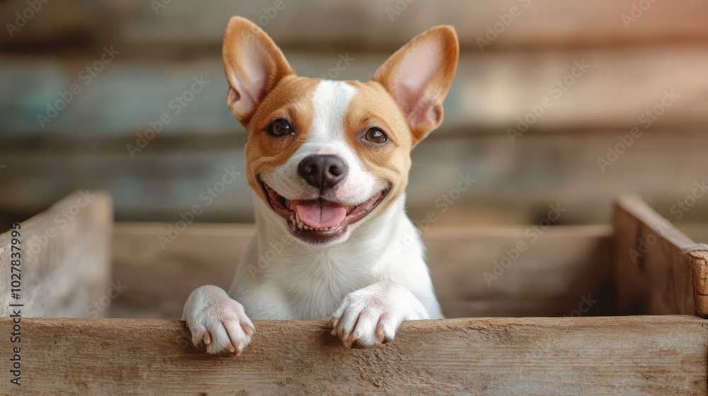 A small, cheerful puppy with a wide grin smiles delightfully over a rustic wooden box, set in a cozy outdoor scene with natural lighting and charming ambience. A small, cheerful puppy with a wide grin smiles delightfully over a rustic wooden box, set in a cozy outdoor scene with natural lighting and charming ambience.