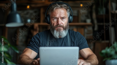 A man sits at a desk, focused on his laptop screen while wearing headphones. His beard and casual attire reflect a relaxed yet productive atmosphere in a well-lit, green-filled workspace