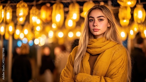 A young woman with long hair poses warmly in a yellow sweater, surrounded by glowing lanterns at an evening market, creating a vibrant atmosphere full of life