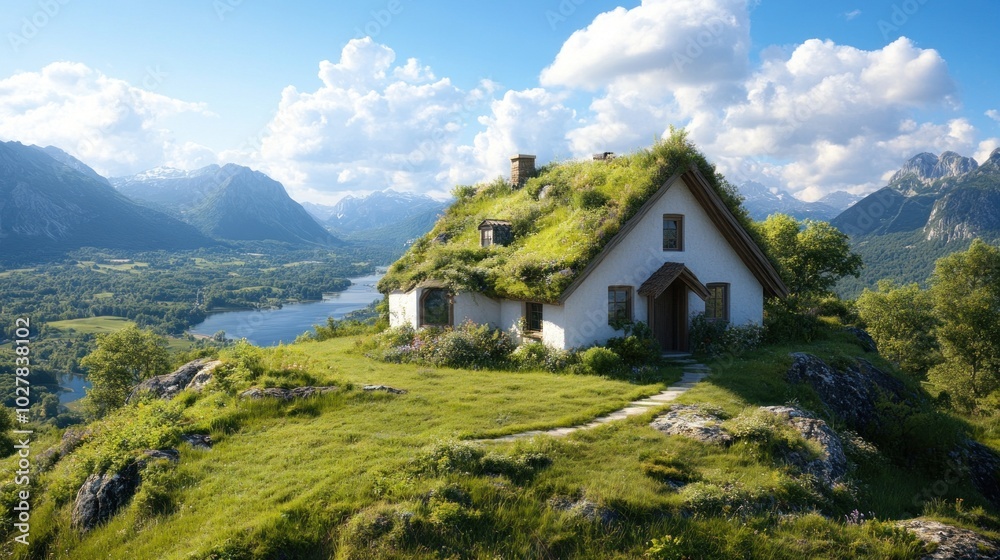 The scene features a quaint house with a grassy roof nestled on a hillside, with stunning mountain views and a serene lake visible under a bright blue sky The scene features a quaint house with a grassy roof nestled on a hillside, with stunning mountain views and a serene lake visible under a bright blue sky