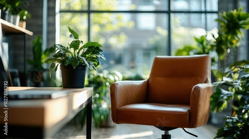 A cozy and modern office chair sits amid lush green plants in a sunlit office space, creating a relaxed and nature-infused working environment that is both calming and inspiring.