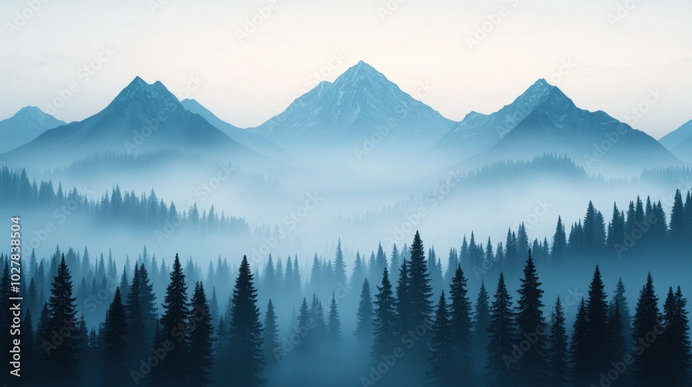 Misty mountains, serene forest view Misty mountains, serene forest view