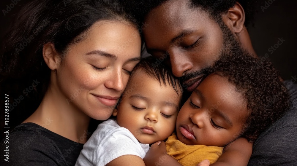 A mother and father hold their two sleeping children closely, showcasing the depth of their love in a tender moment filled with warmth and connection A mother and father hold their two sleeping children closely, showcasing the depth of their love in a tender moment filled with warmth and connection