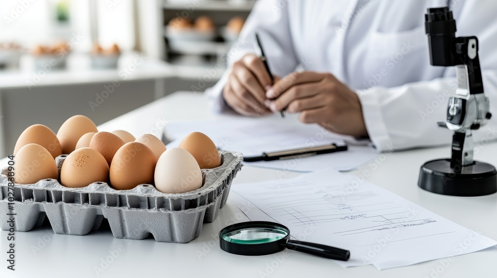 Egg Quality Inspection - Close-up of a crate of eggs, a magnifying glass, and a quality inspector writing food safety documents. Egg Quality Inspection - Close-up of a crate of eggs, a magnifying glass, and a quality inspector writing food safety documents.