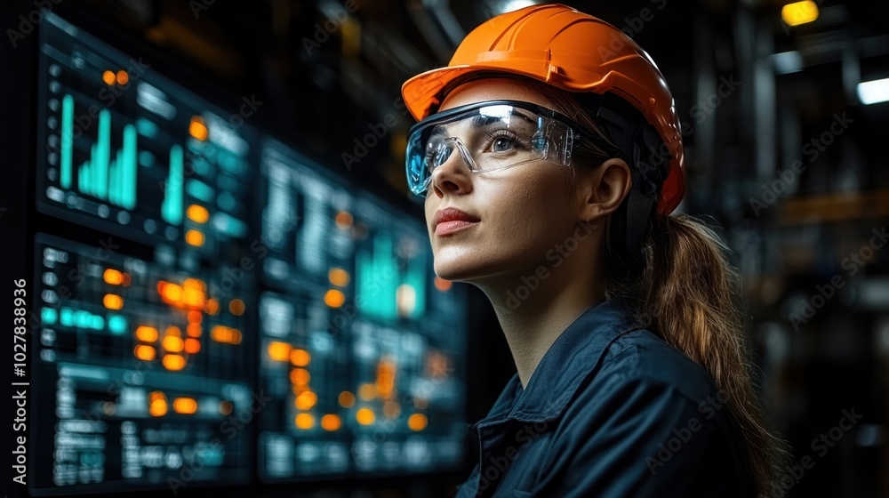 Operator monitoring a production dashboard with real-time analytics, illustrating the use of data-driven decision-making in manufacturing Operator monitoring a production dashboard with real-time analytics, illustrating the use of data-driven decision-making in manufacturing