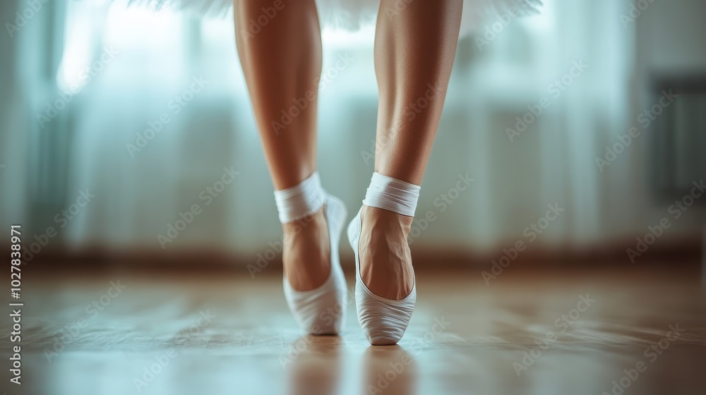 Close-up of a ballet dancer's feet in pointe shoes on a wooden floor. The image emphasizes the precision, strength, and dedication intrinsic to ballet artistry.