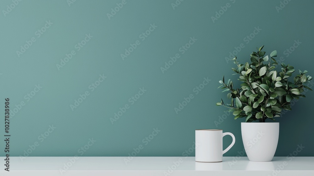 Modern decor with plant and mug on shelf Modern decor with plant and mug on shelf