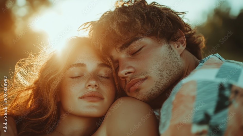 A serene image of a couple embracing in nature at sunset. The warm glow and closed eyes convey tranquility and a deep sense of peace amid the golden light. A serene image of a couple embracing in nature at sunset. The warm glow and closed eyes convey tranquility and a deep sense of peace amid the golden light.