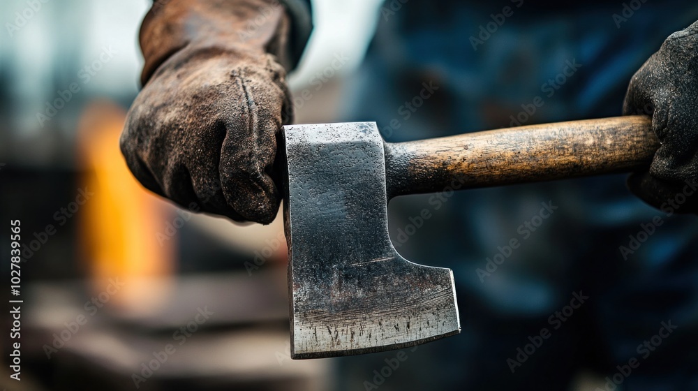 A woodworker stands in a rustic workshop gripping a rugged axe with gloved hands, ready to begin carving in the soft light of early morning, surrounded by tools and wood pieces A woodworker stands in a rustic workshop gripping a rugged axe with gloved hands, ready to begin carving in the soft light of early morning, surrounded by tools and wood pieces