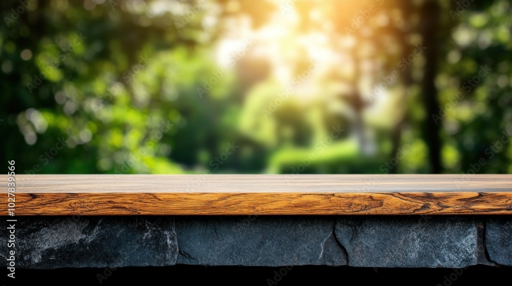 A smooth wooden tabletop sits in the foreground, while a lush green landscape blurs softly in the background, illuminated by the warm light of the rising sun A smooth wooden tabletop sits in the foreground, while a lush green landscape blurs softly in the background, illuminated by the warm light of the rising sun