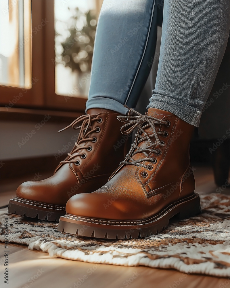A pair of classic brown leather ankle high heels boots with sturdy laces, worn by a woman sitting on a cozy rug. A pair of classic brown leather ankle high heels boots with sturdy laces, worn by a woman sitting on a cozy rug.
